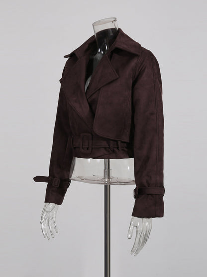 Brown Suede Cropped Trench Jacket with Belt - SISPELL
