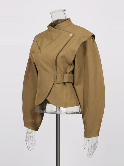 Brownyellow Asymmetric Buckle Cropped Jacket - SISPELL