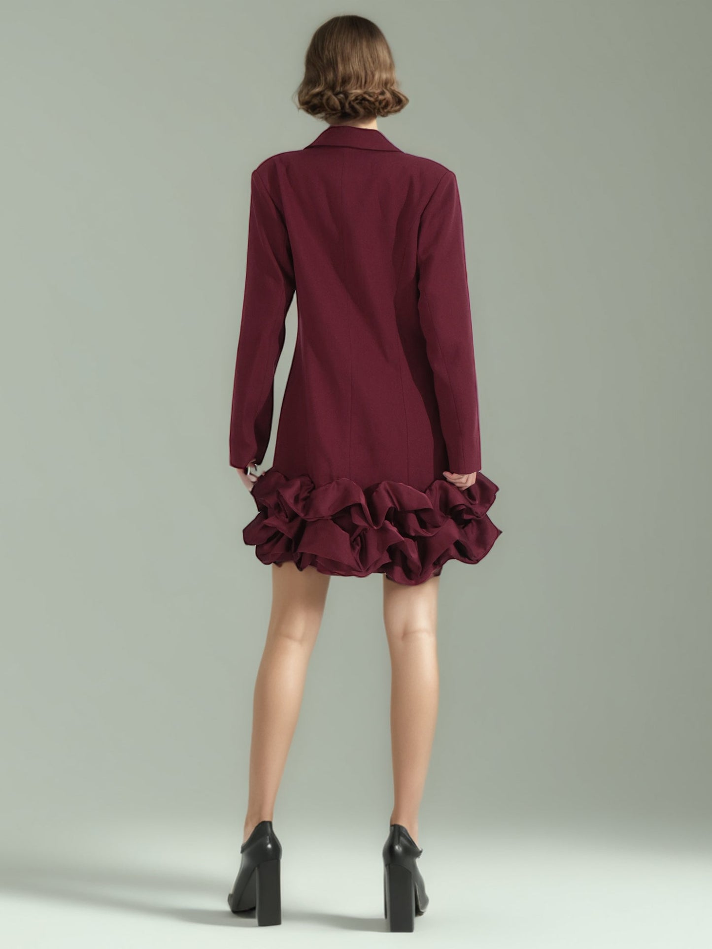 Burgundy Double - Breasted Ruffle Hem Mini Dress - SISPELL