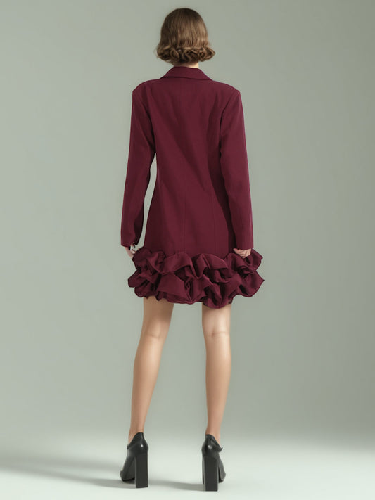 Burgundy Double - Breasted Ruffle Hem Mini Dress - SISPELL