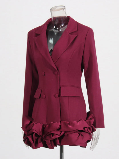 Burgundy Double - Breasted Ruffle Hem Mini Dress - SISPELL