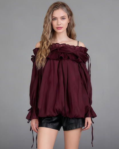 Burgundy Off - Shoulder Ruffled Sheer Blouse - SISPELL