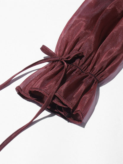 Burgundy Off - Shoulder Ruffled Sheer Blouse - SISPELL