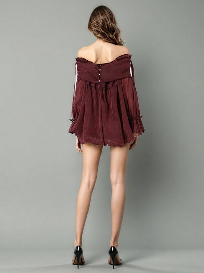 Burgundy Off - Shoulder Ruffled Sheer Blouse - SISPELL