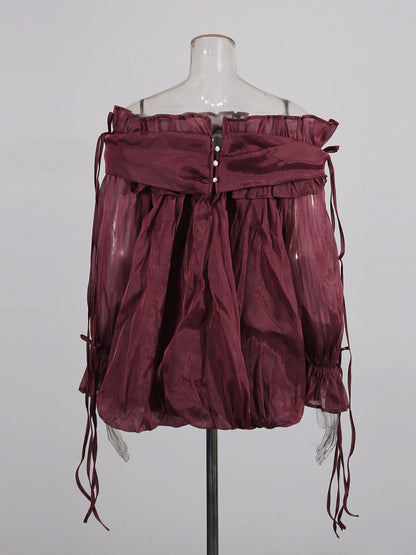 Burgundy Off - Shoulder Ruffled Sheer Blouse - SISPELL