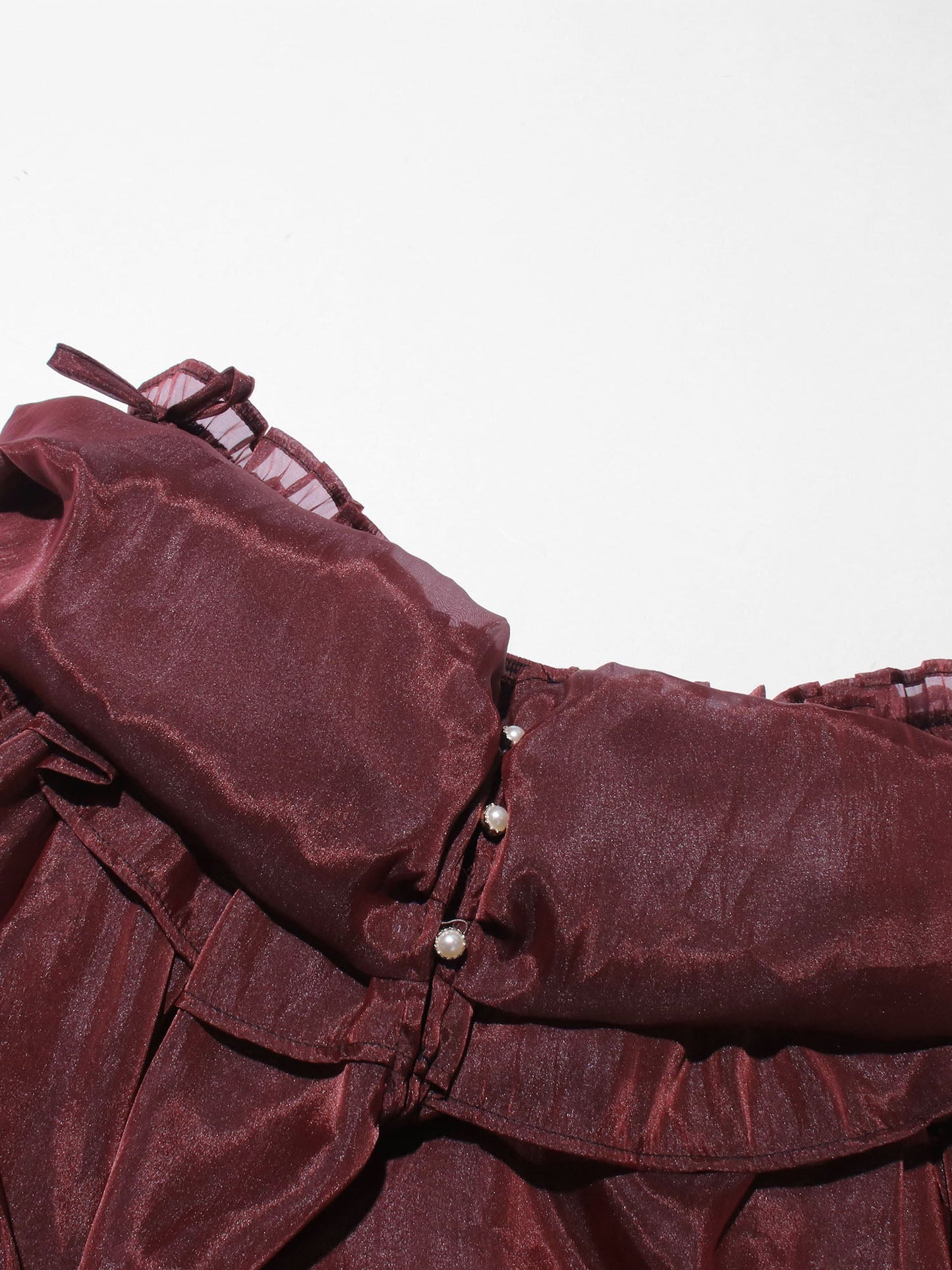 Burgundy Off - Shoulder Ruffled Sheer Blouse - SISPELL