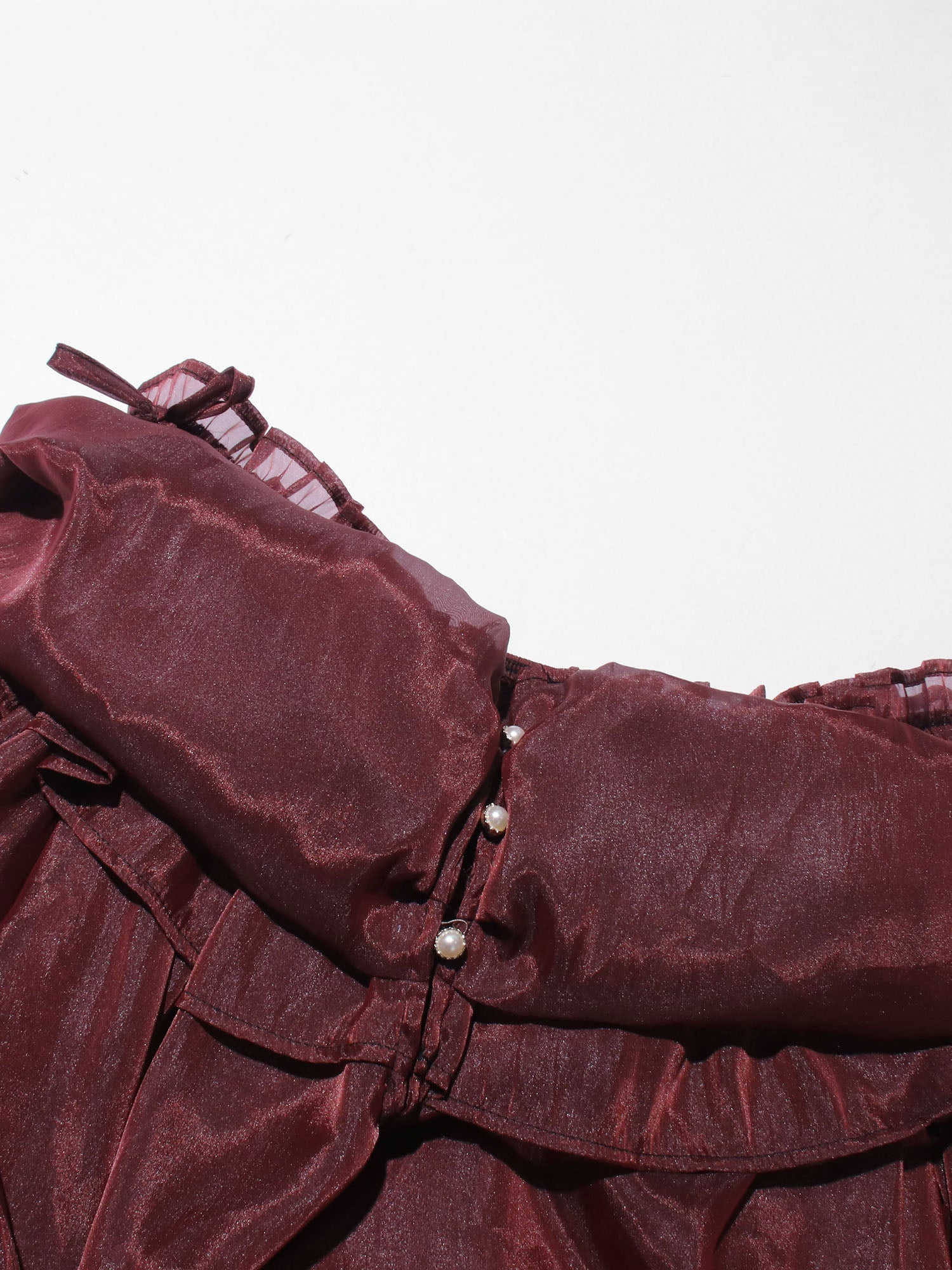 Burgundy Off - Shoulder Ruffled Sheer Blouse - SISPELL