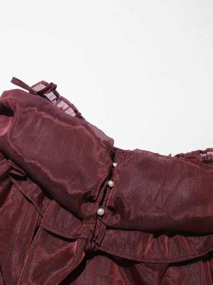 Burgundy Off - Shoulder Ruffled Sheer Blouse - SISPELL