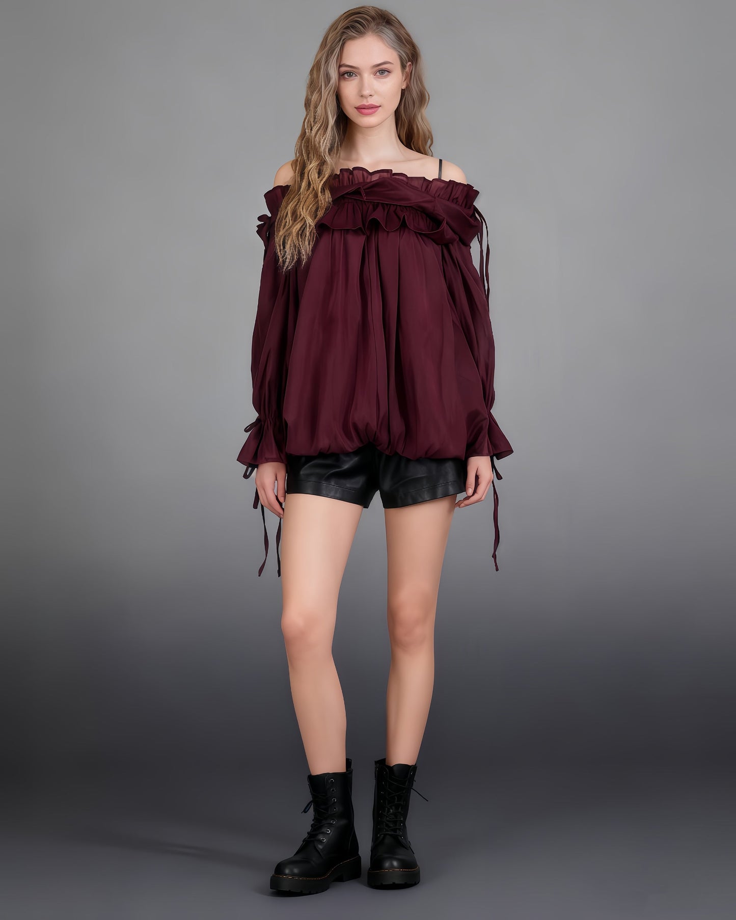 Burgundy Off - Shoulder Ruffled Sheer Blouse - SISPELL