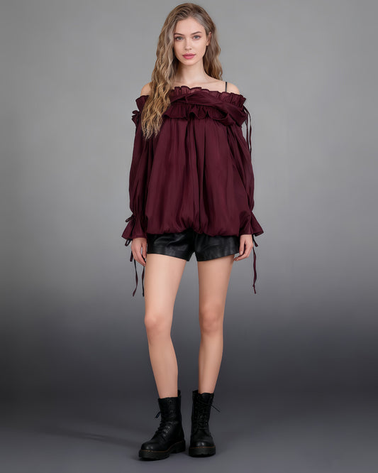 Burgundy Off - Shoulder Ruffled Sheer Blouse - SISPELL