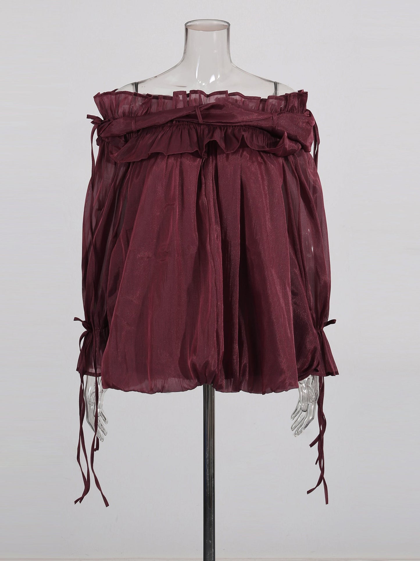 Burgundy Off - Shoulder Ruffled Sheer Blouse - SISPELL