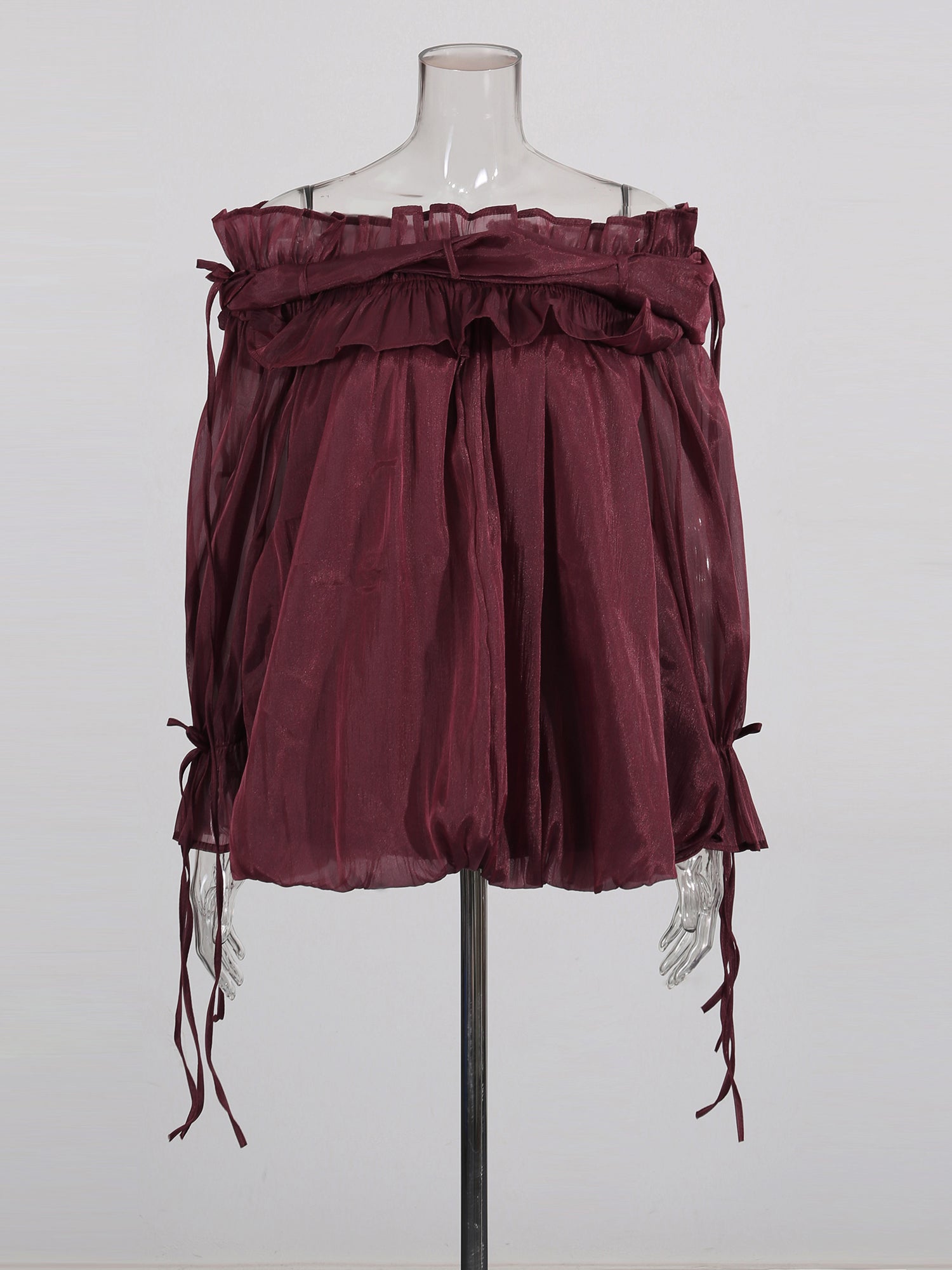 Burgundy Off - Shoulder Ruffled Sheer Blouse - SISPELL