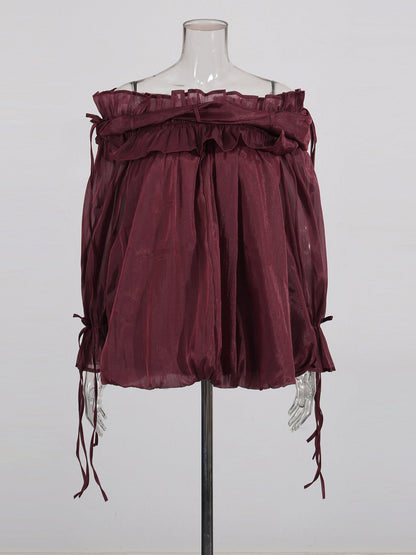 Burgundy Off - Shoulder Ruffled Sheer Blouse - SISPELL
