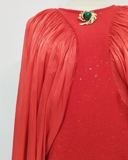 Red Sparkly Sheer Chiffon Lantern Sleeves Midi Dress