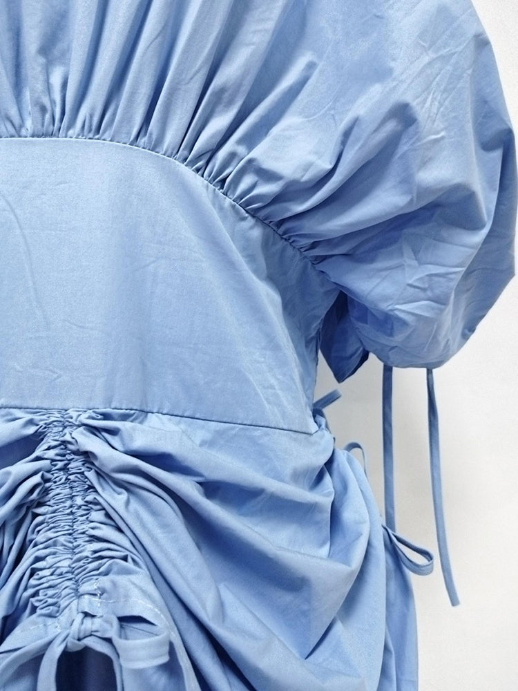 Blue Drawstring Ruched Midi Dress