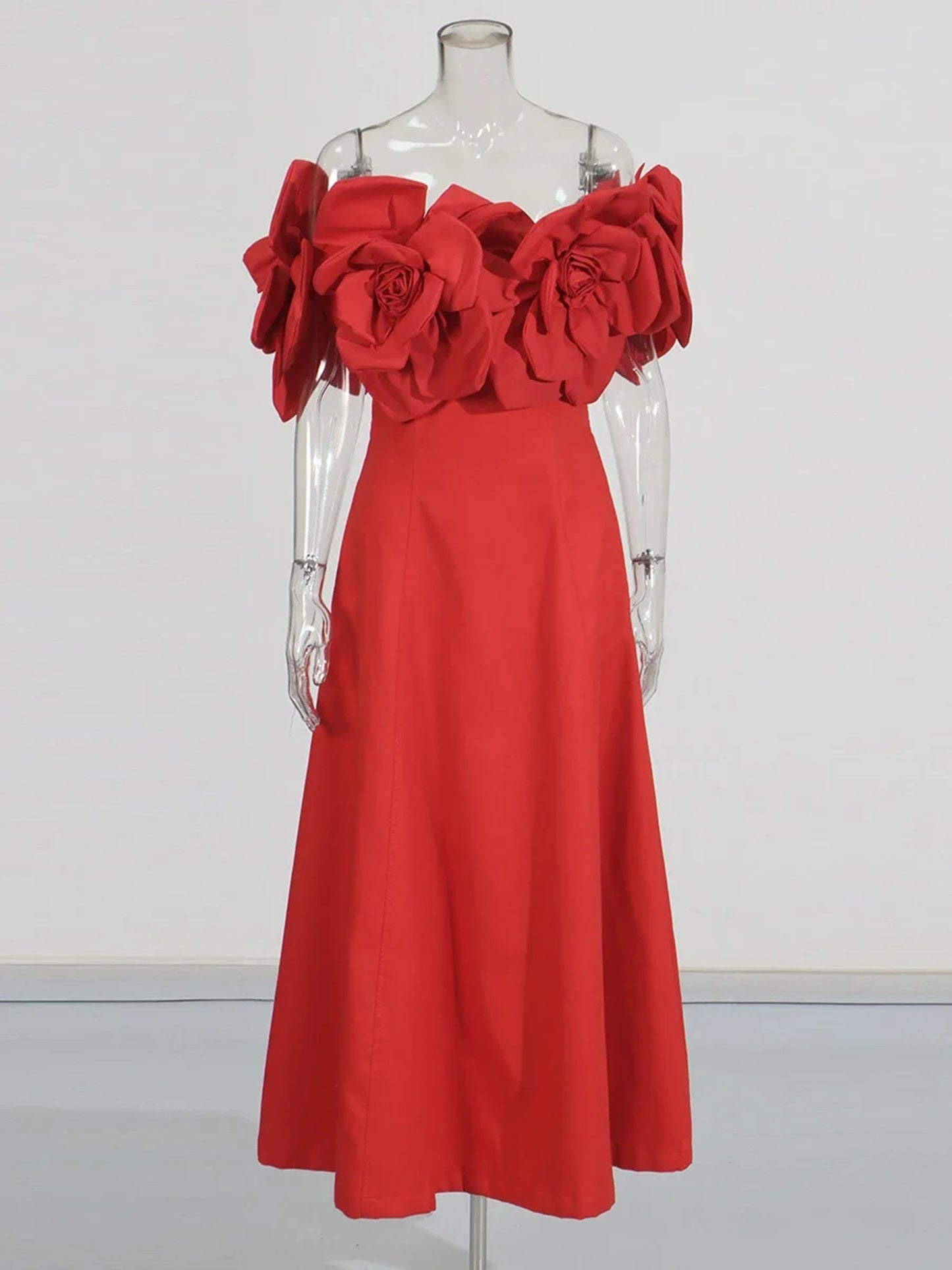 Statement Red Off - Shoulder Floral Applique Midi Dress.