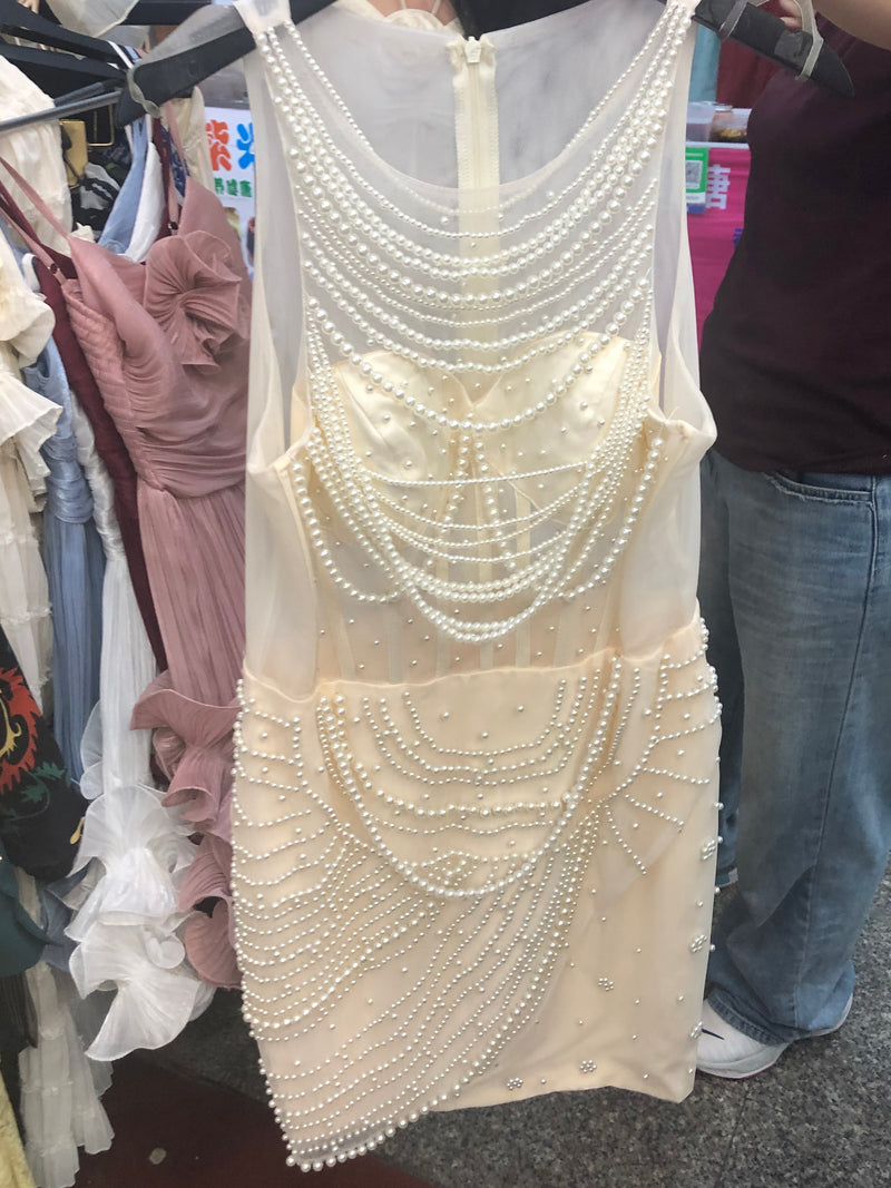 Patchwork Pearls Sleeveless Short Dress