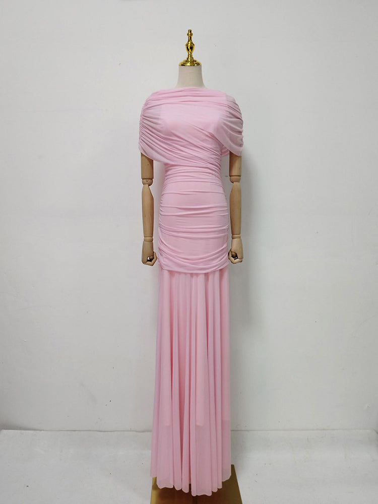 Pink Ruched Waist Draped Maxi Dress