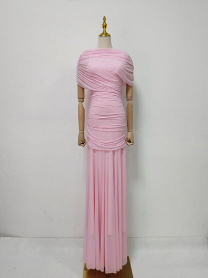 Pink Ruched Waist Draped Maxi Dress