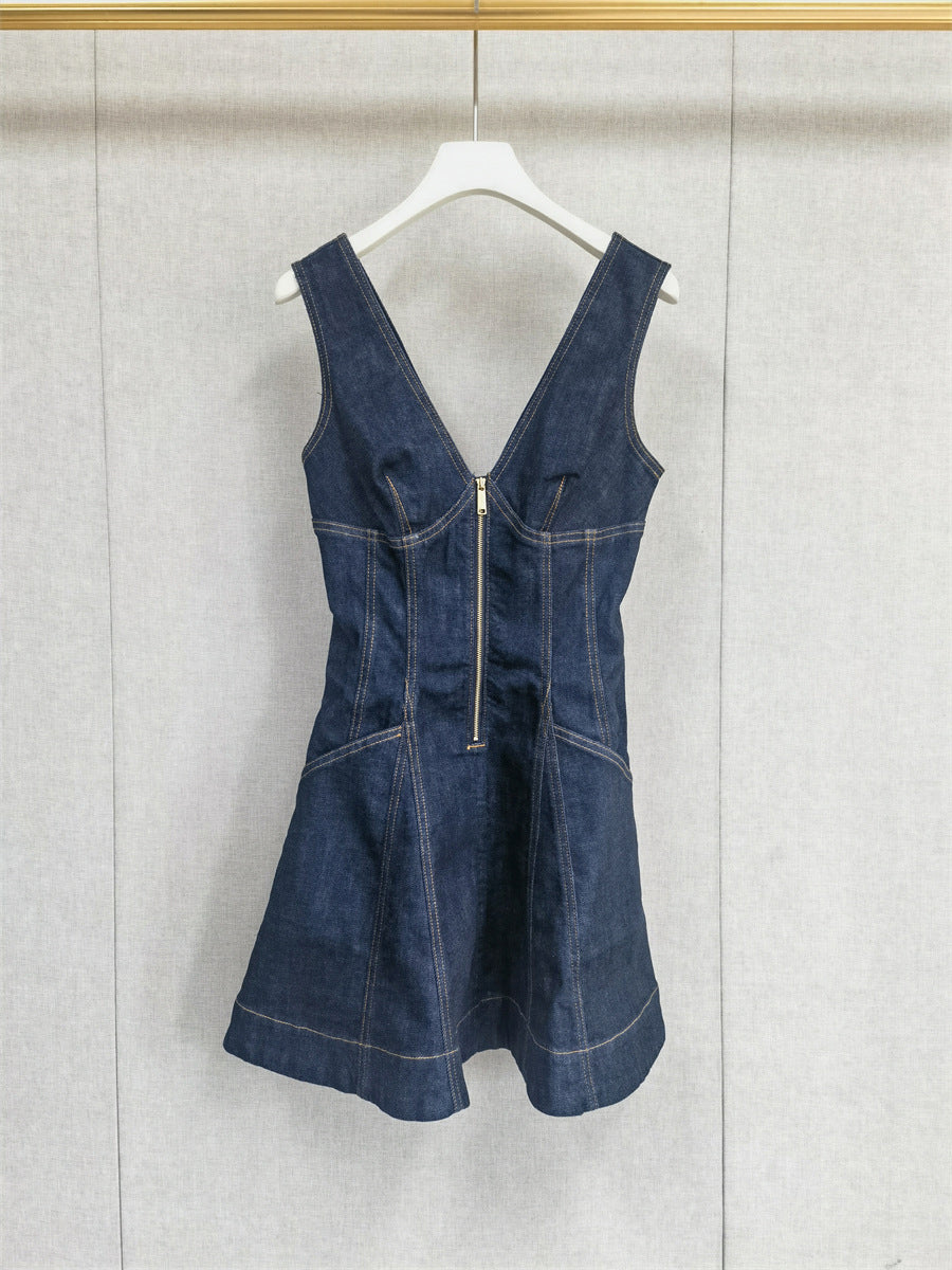 Denim V-neck Sleeveless Short Dress