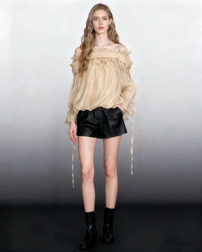 Champagne Off - Shoulder Ruffled Sheer Blouse - SISPELL