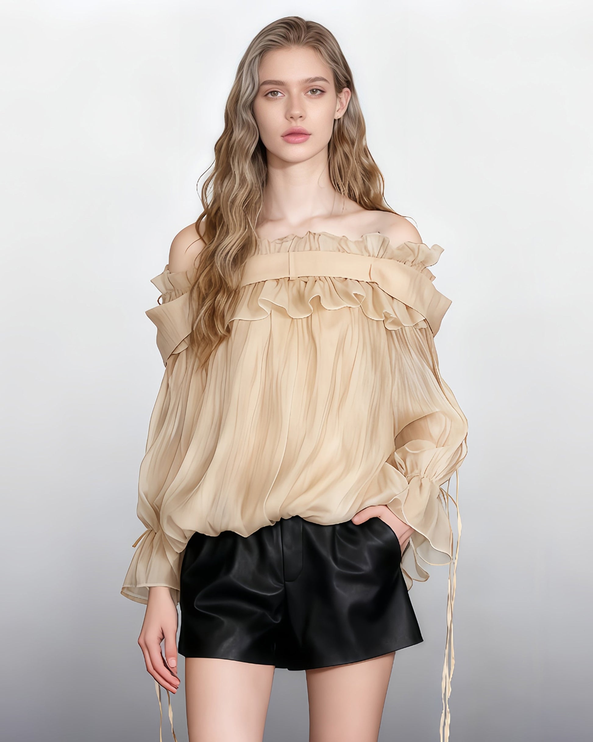 Champagne Off - Shoulder Ruffled Sheer Blouse - SISPELL