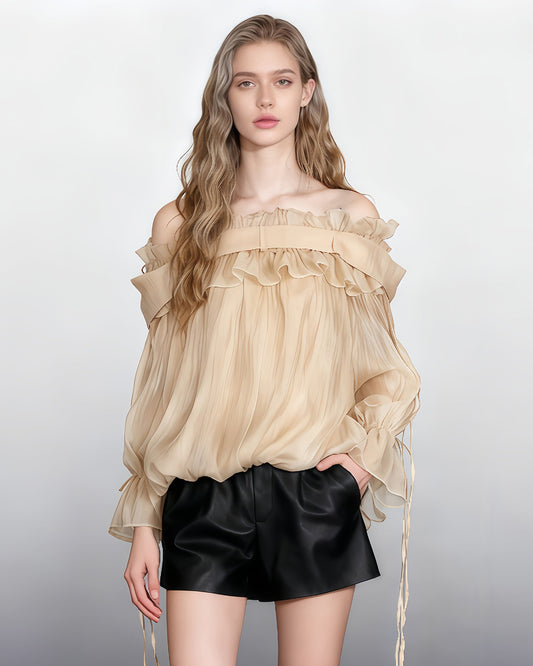 Champagne Off - Shoulder Ruffled Sheer Blouse - SISPELL