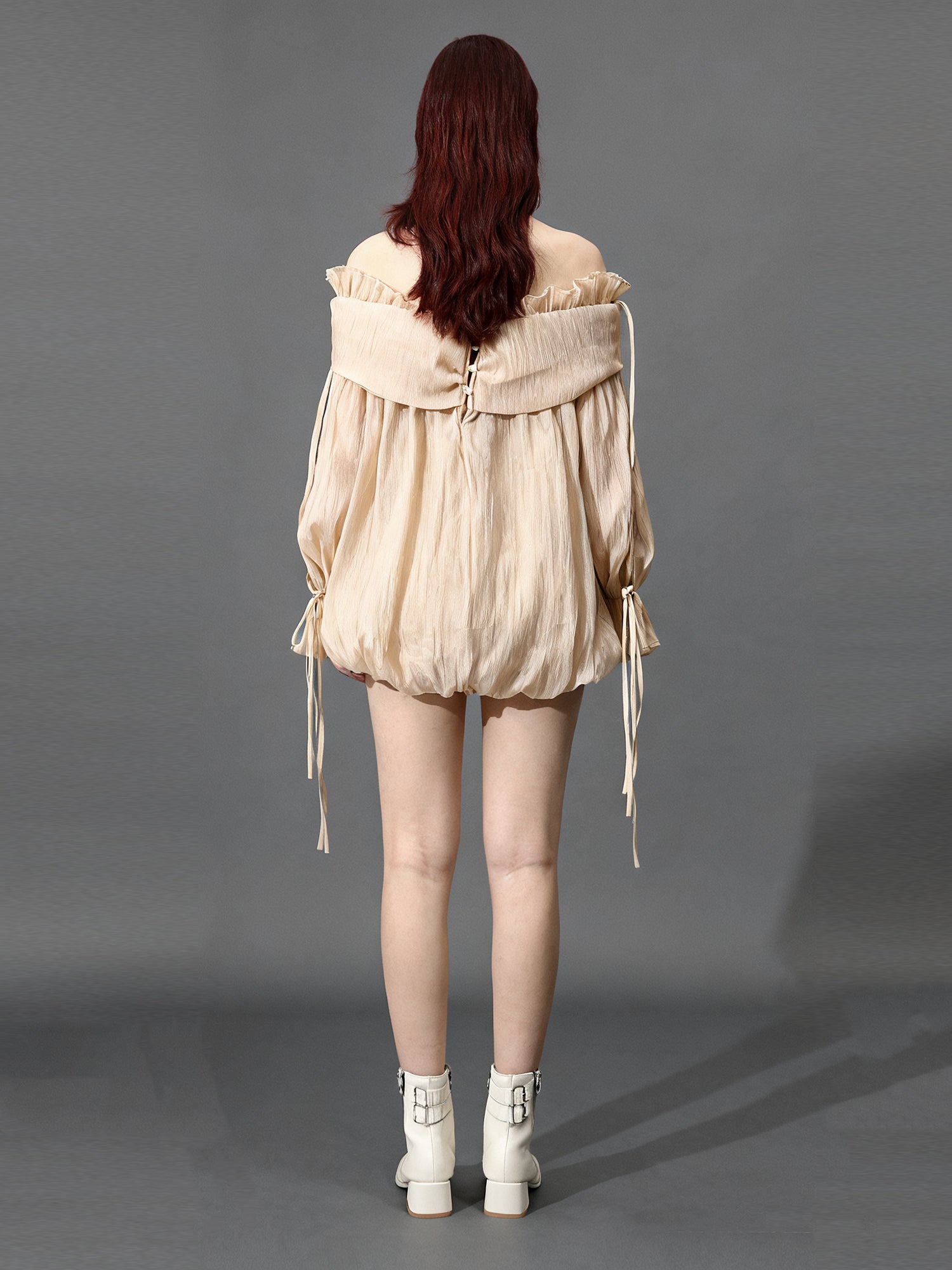 Champagne Off - Shoulder Ruffled Sheer Blouse - SISPELL