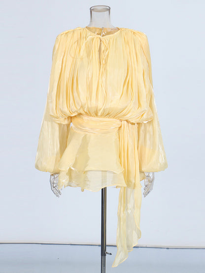 Charming Yellow Tie - Neck Wrap Mini Dress - SISPELL