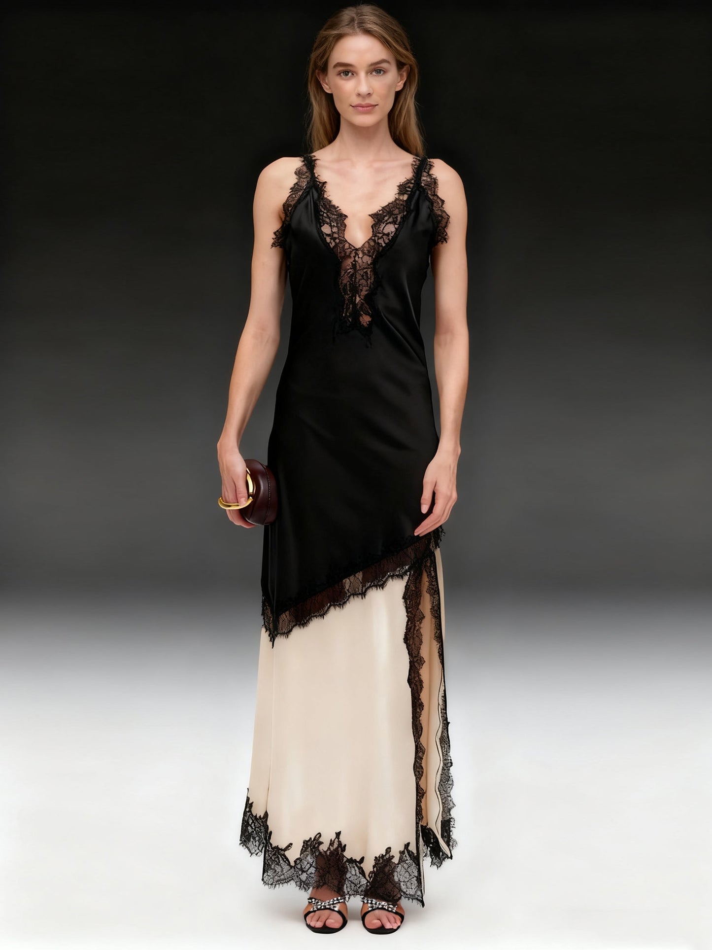 Chic Black and Cream Contrast Lace Maxi Dress - SISPELL
