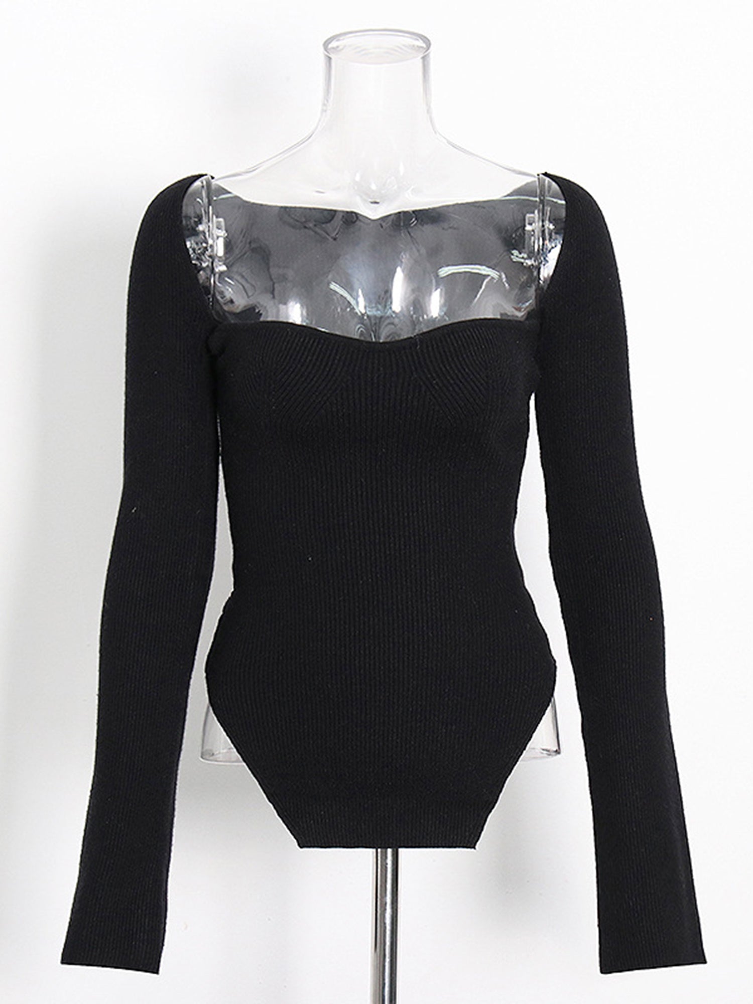 Chic Black Sweetheart Neckline Long - Sleeve Top - SISPELL