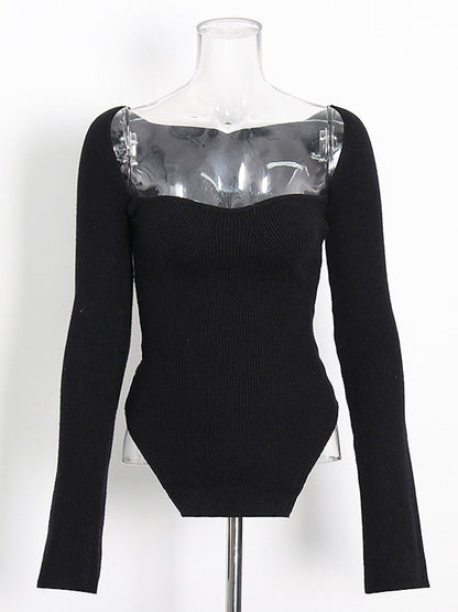 Chic Black Sweetheart Neckline Long - Sleeve Top - SISPELL