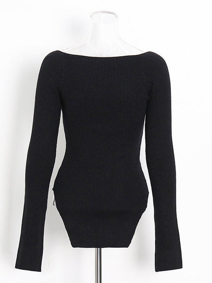 Chic Black Sweetheart Neckline Long - Sleeve Top - SISPELL