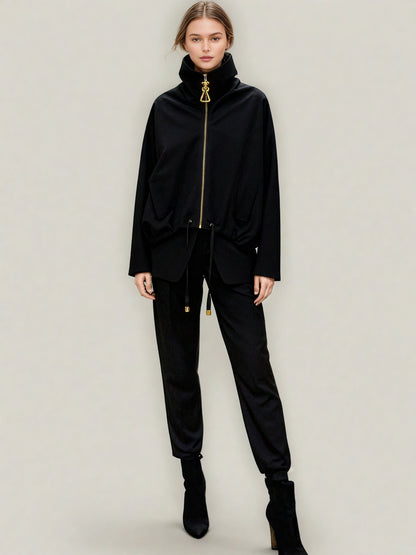 Chic Black Zip - Up Jacket with Gold Hardware - SISPELL