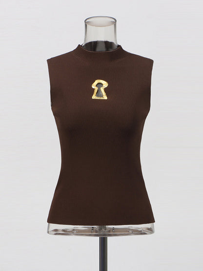 Chic Coffee Sleeveless Top with Gold Keyhole Accent - SISPELL