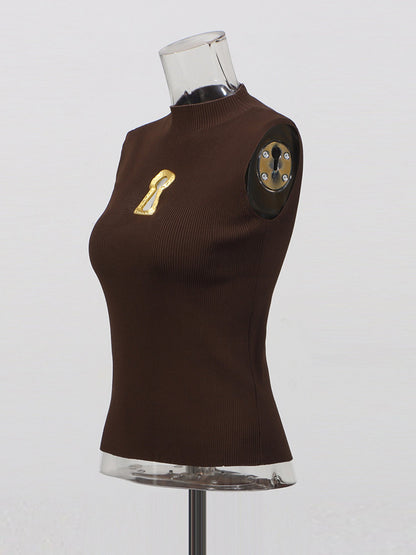 Chic Coffee Sleeveless Top with Gold Keyhole Accent - SISPELL