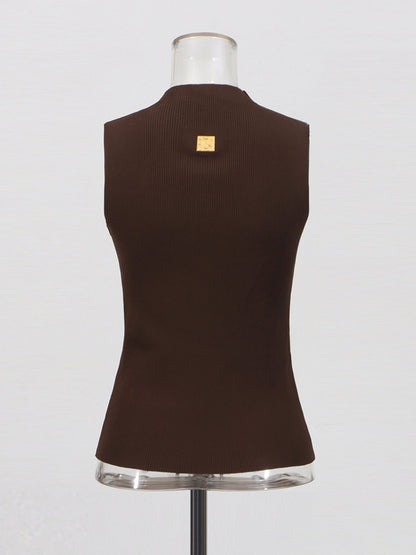 Chic Coffee Sleeveless Top with Gold Keyhole Accent - SISPELL