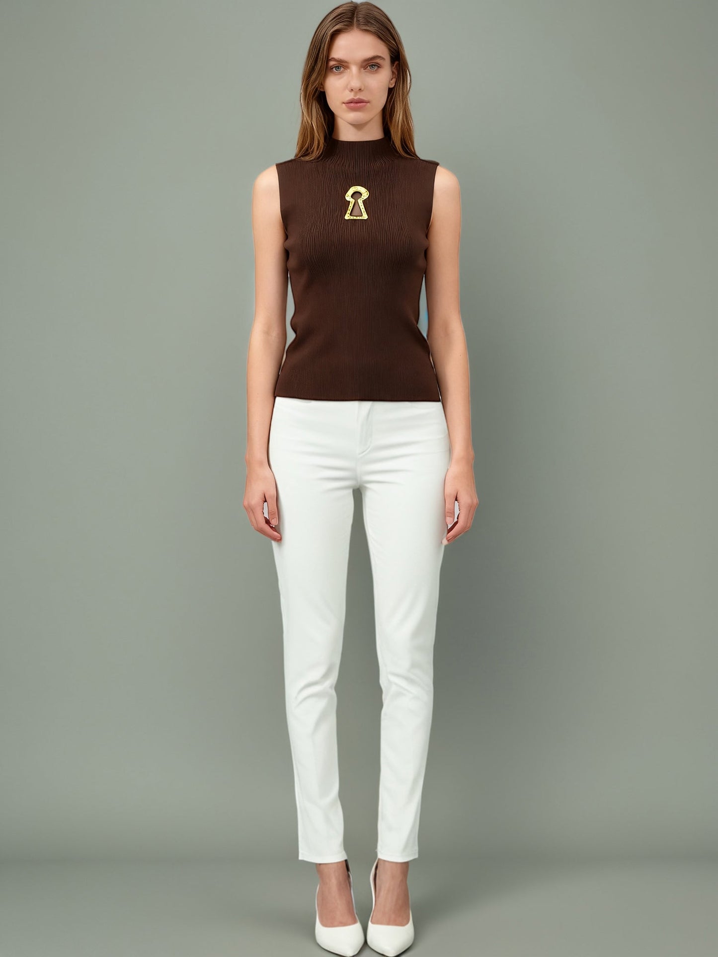 Chic Coffee Sleeveless Top with Gold Keyhole Accent - SISPELL