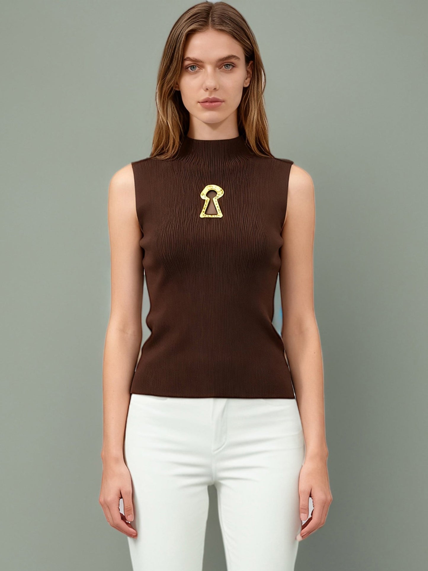 Chic Coffee Sleeveless Top with Gold Keyhole Accent - SISPELL