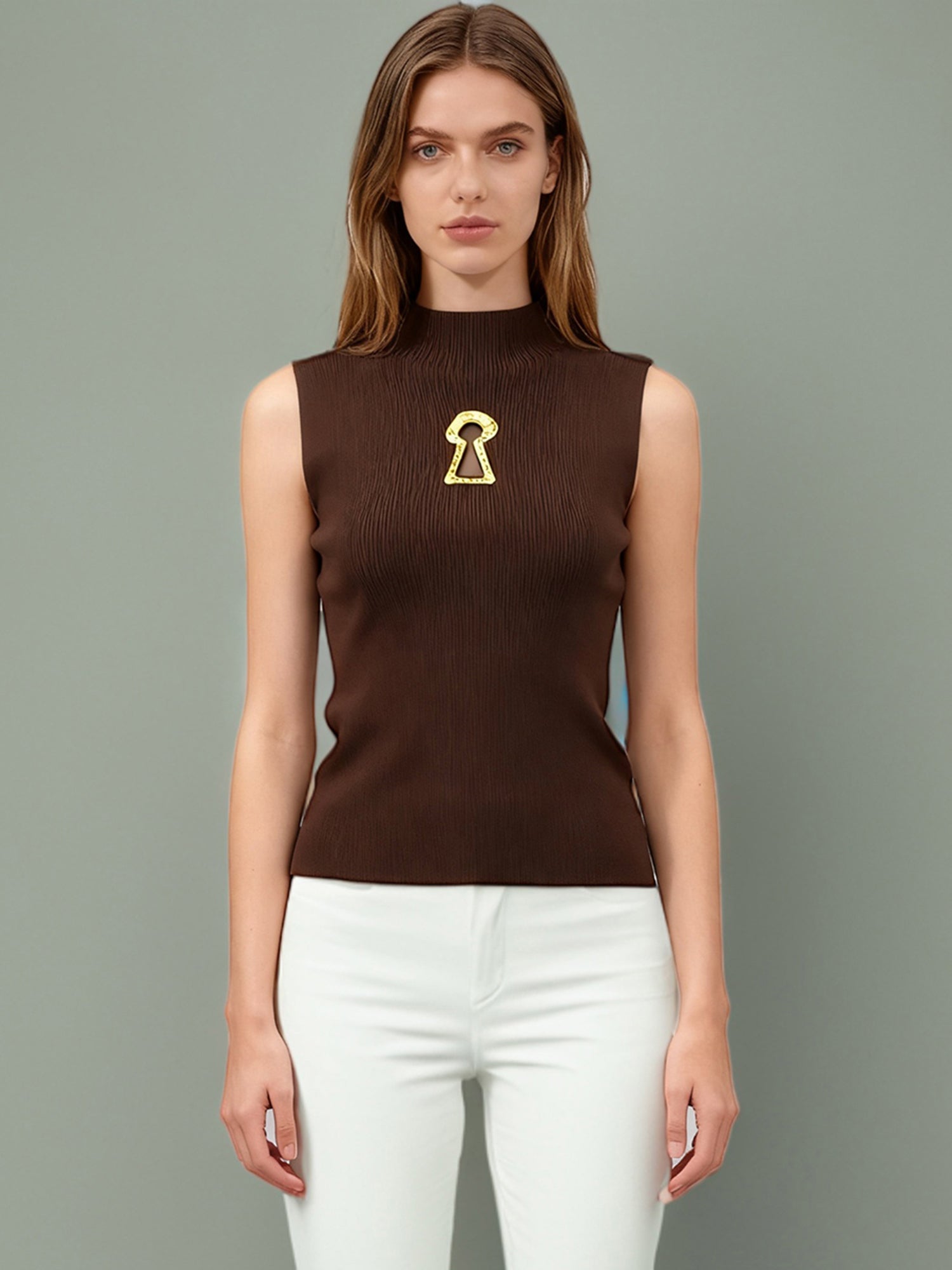 Chic Coffee Sleeveless Top with Gold Keyhole Accent - SISPELL