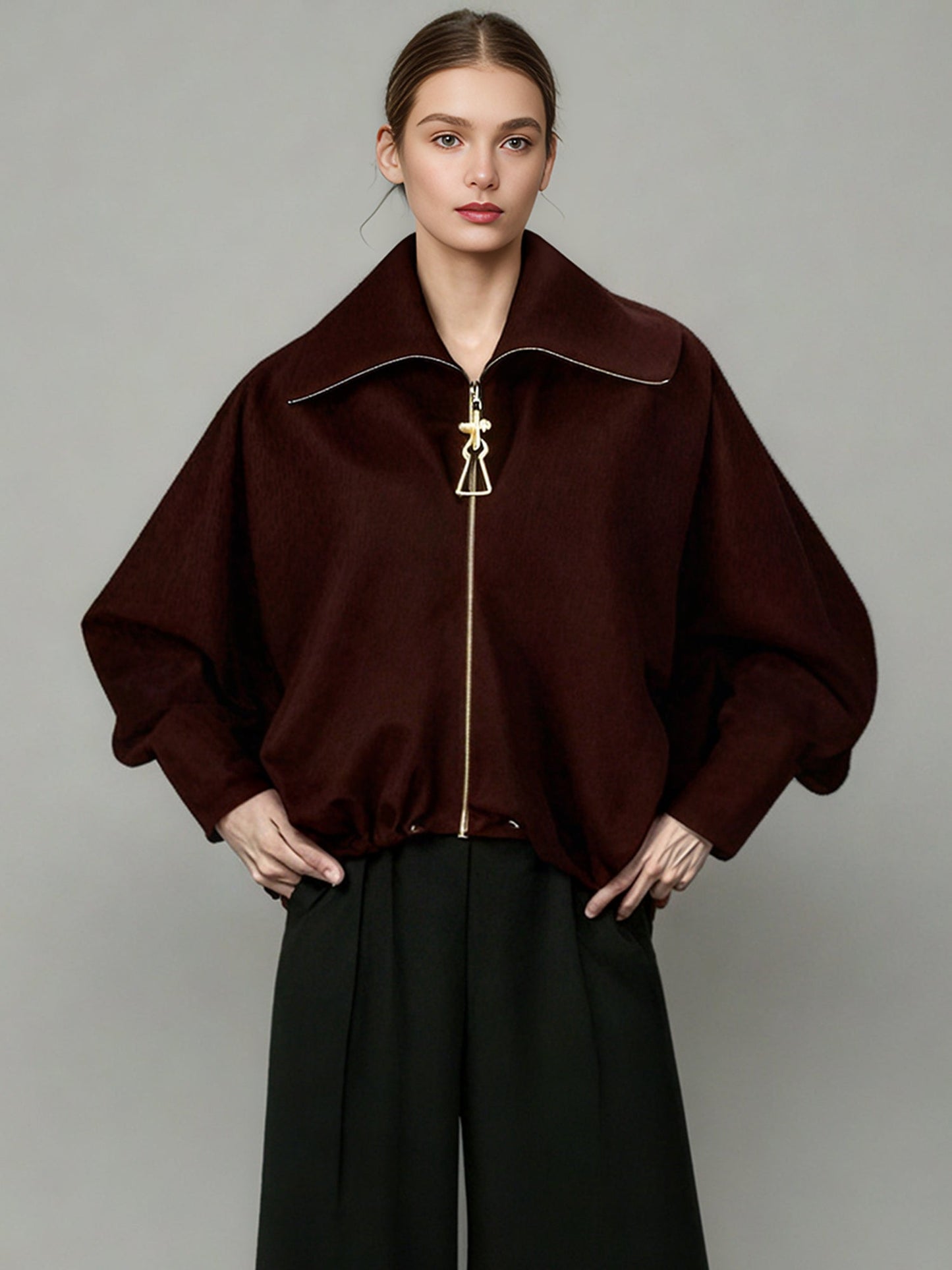 Chic Coffee Zip - Up Jacket with Gold Hardware - SISPELL