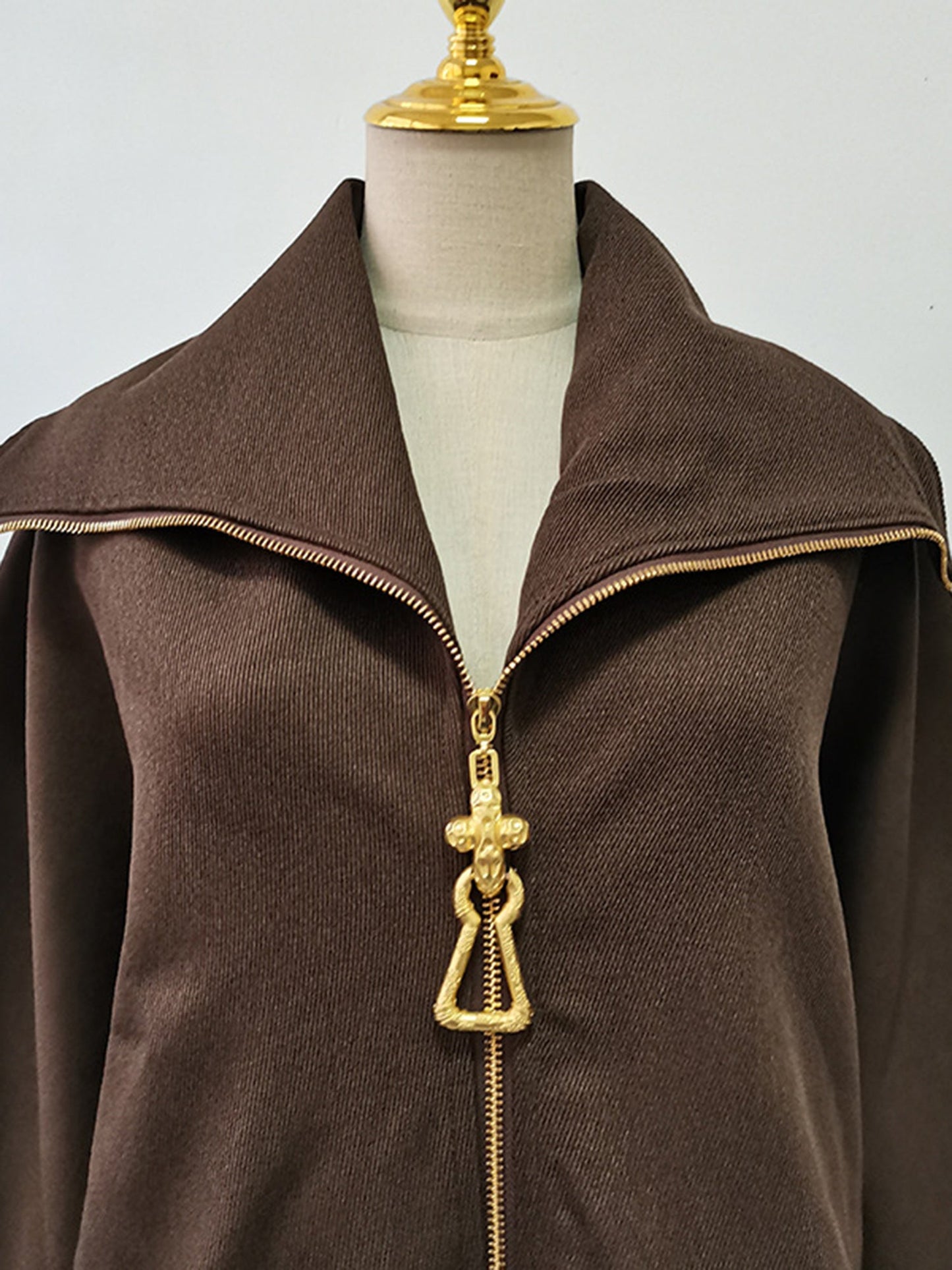 Chic Coffee Zip - Up Jacket with Gold Hardware - SISPELL