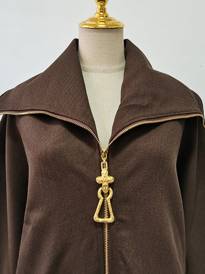 Chic Coffee Zip - Up Jacket with Gold Hardware - SISPELL