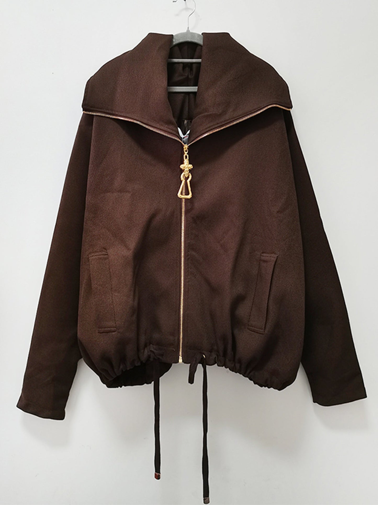 Chic Coffee Zip - Up Jacket with Gold Hardware - SISPELL