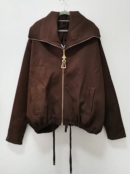 Chic Coffee Zip - Up Jacket with Gold Hardware - SISPELL
