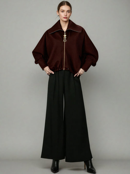 Chic Coffee Zip - Up Jacket with Gold Hardware - SISPELL