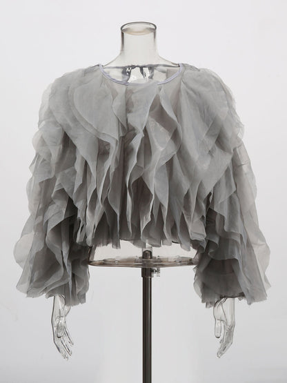 Chic Gray Ruffled Organza Crop Top - SISPELL