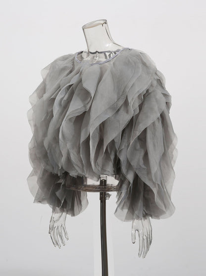 Chic Gray Ruffled Organza Crop Top - SISPELL