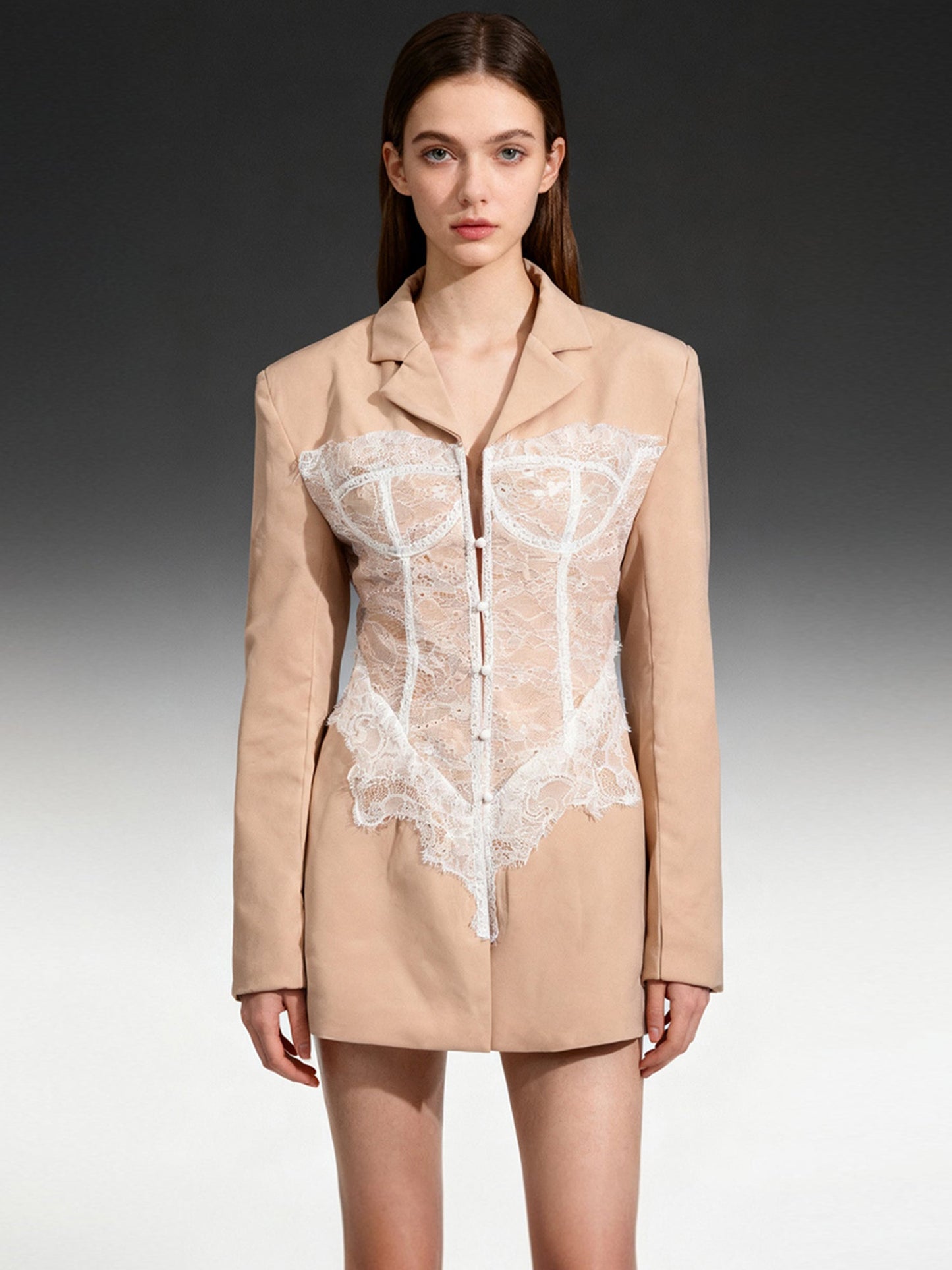 Chic Khaki Blazer with White Lace Corset Detail - SISPELL