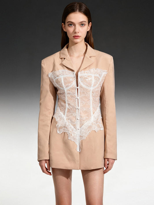 Chic Khaki Blazer with White Lace Corset Detail - SISPELL